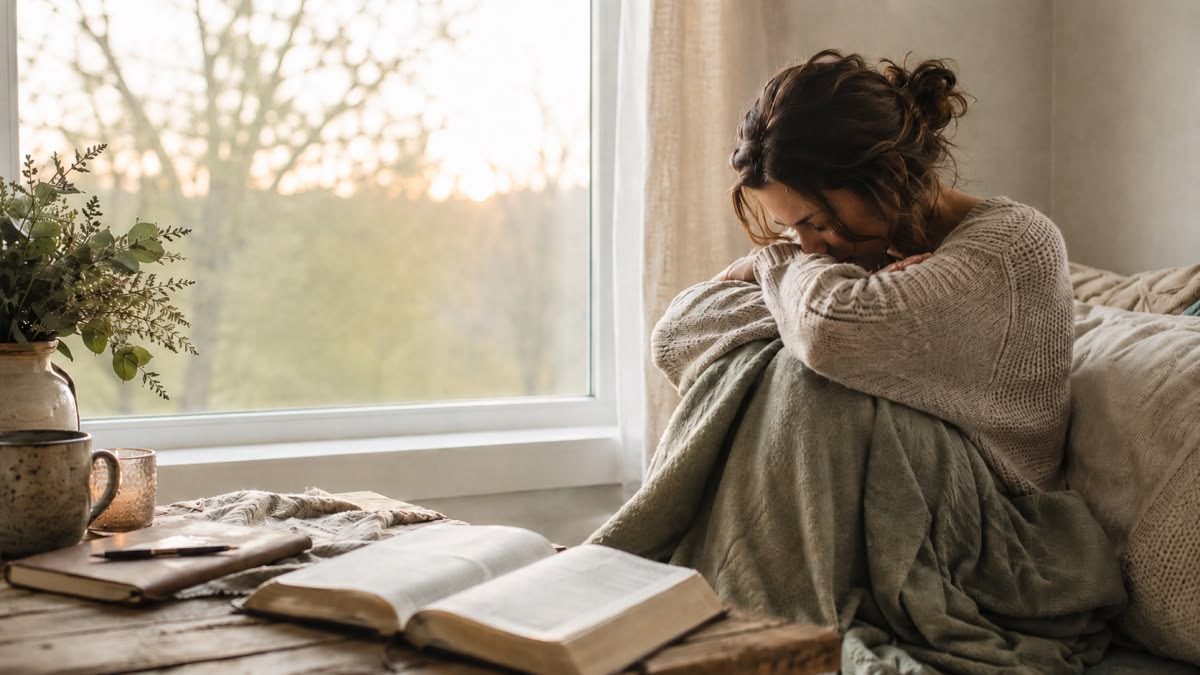 A woman in quiet prayer by a window with an open Bible