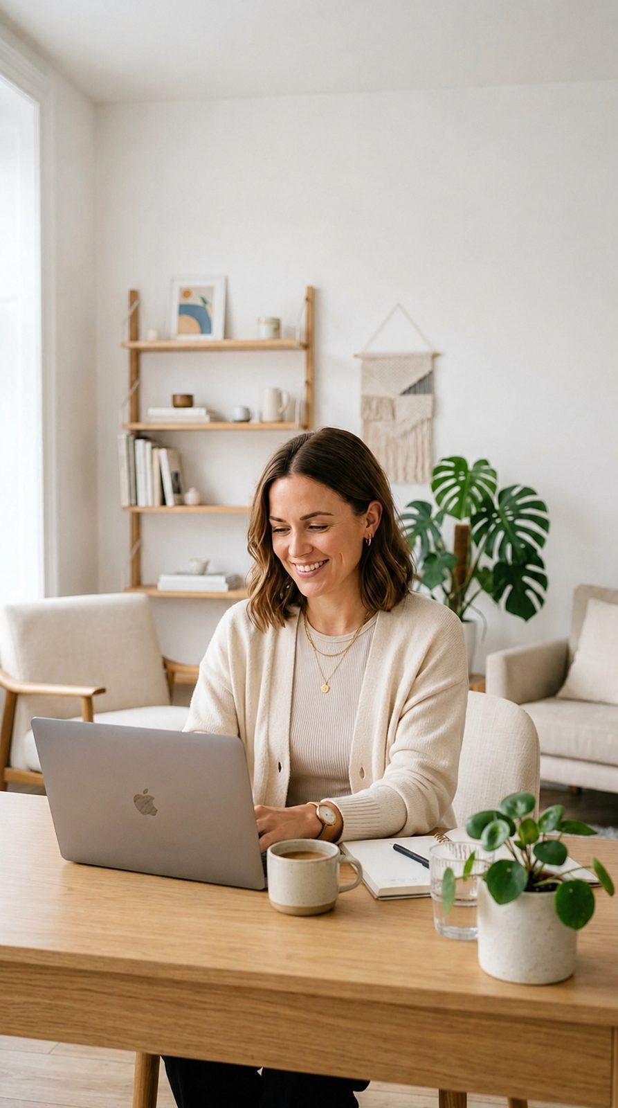 A woman smiling during an online counselling session on her laptop at home
