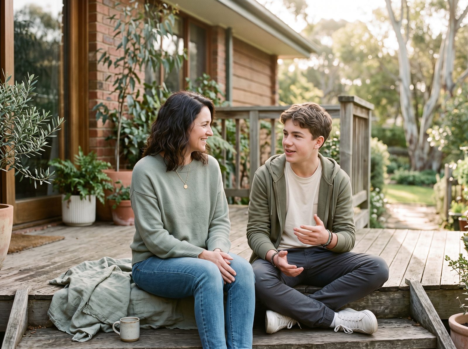 A parent and teenager sitting and talking together